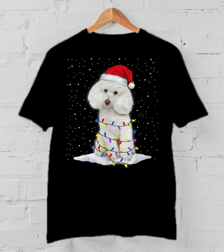 Poodle Santa Christmas Tree Decor With Colorful String Lights Snowfall T-Shirt