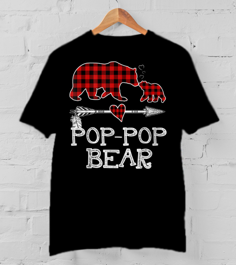 Pop Pop Bear Red Plaid Buffalo Christmas Hearts Arrow T-Shirt