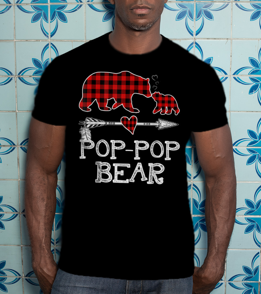 Pop Pop Bear Red Plaid Buffalo Christmas Hearts Arrow T-Shirt