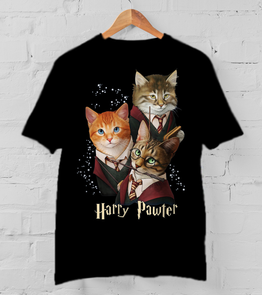 Harry Pawter Cats In Wizard Robes With Wands And Glasses T-Shirt