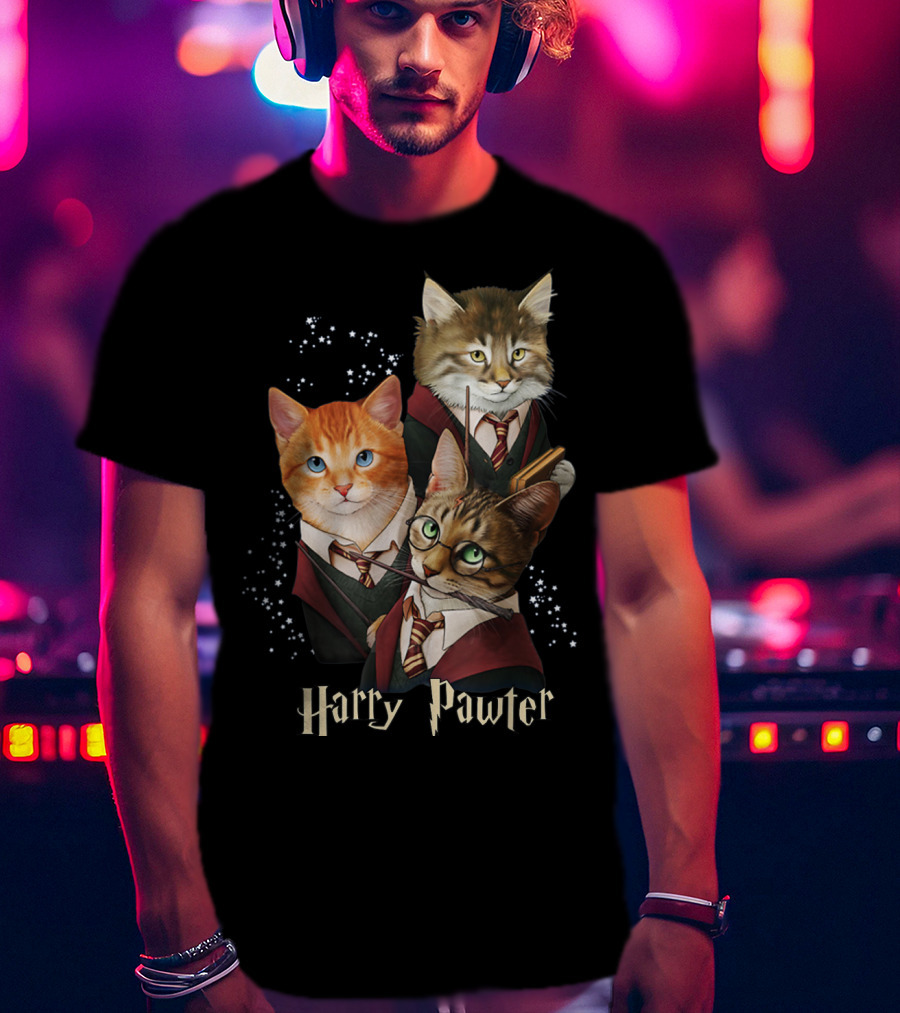 Harry Pawter Cats In Wizard Robes With Wands And Glasses T-Shirt