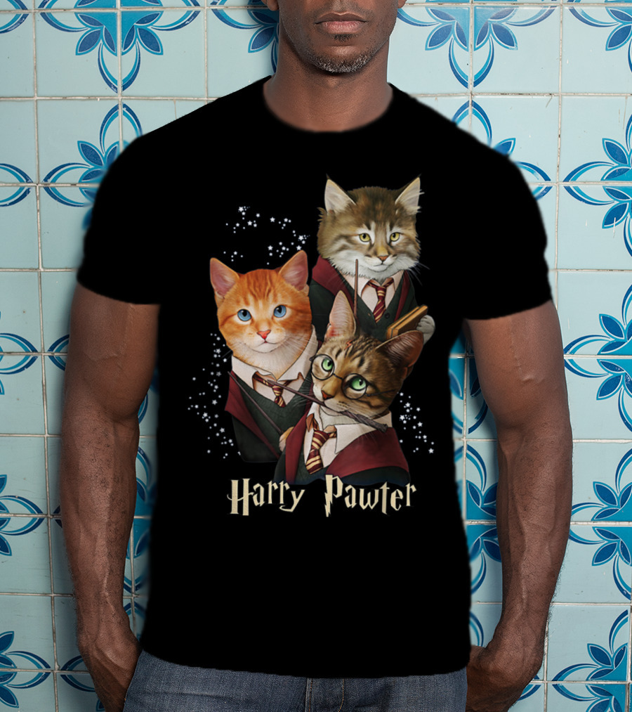 Harry Pawter Cats In Wizard Robes With Wands And Glasses T-Shirt