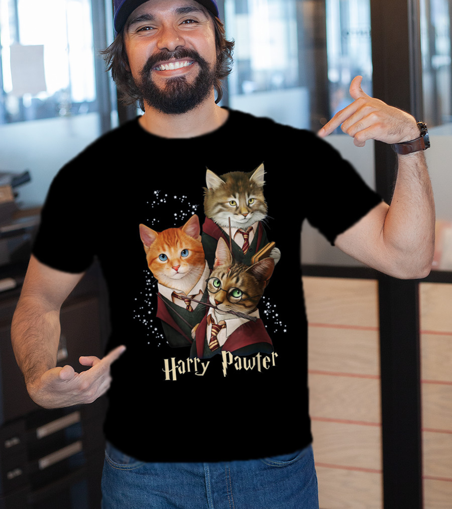 Harry Pawter Cats In Wizard Robes With Wands And Glasses T-Shirt