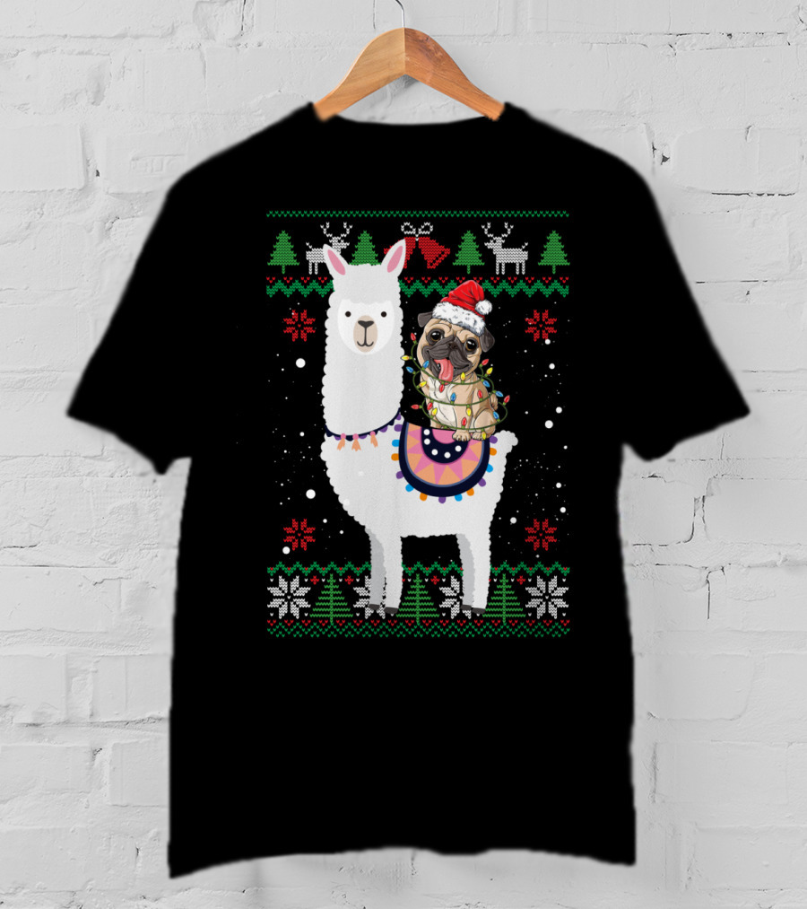Christmas Pug Riding Llama With Santa Hat And Lights T-Shirt