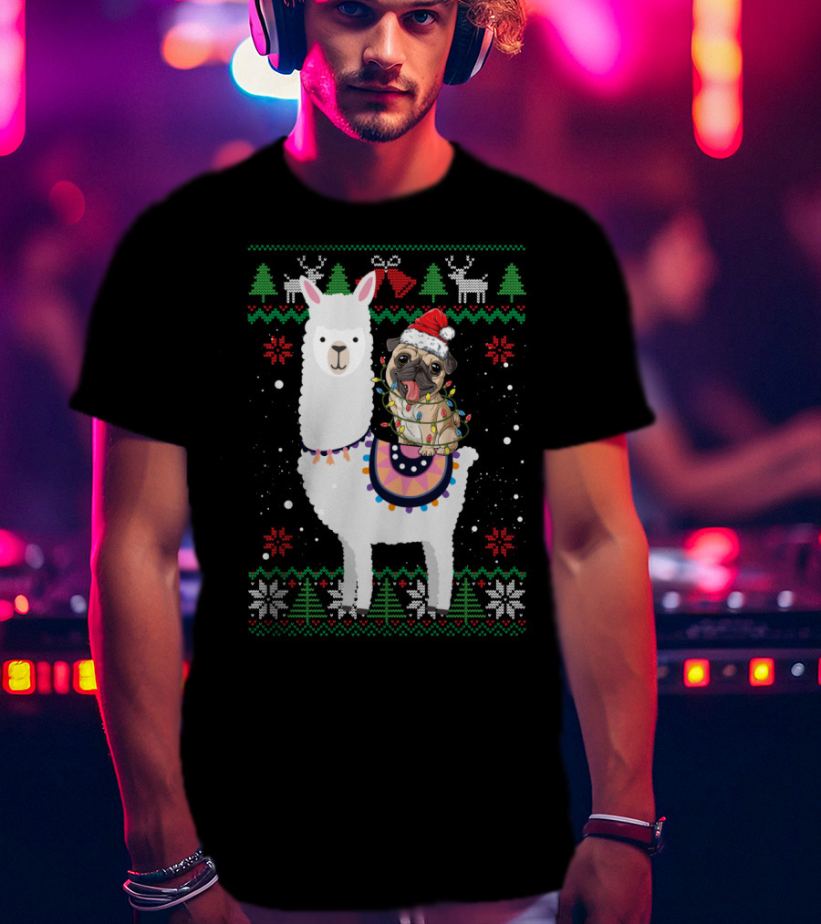 Christmas Pug Riding Llama With Santa Hat And Lights T-Shirt