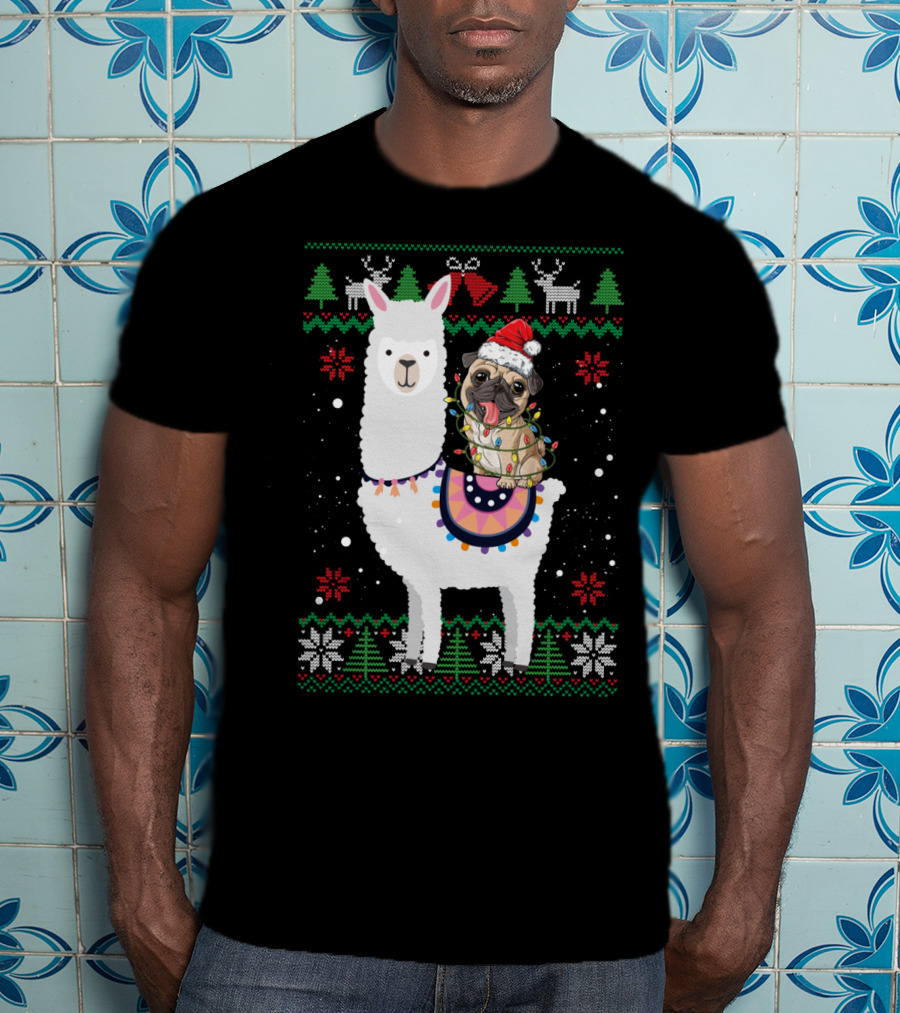Christmas Pug Riding Llama With Santa Hat And Lights T-Shirt