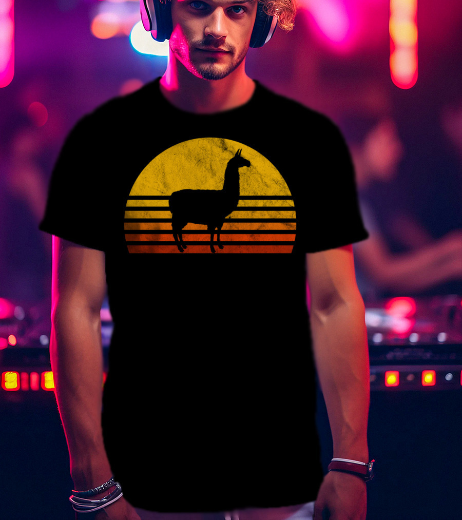 Retro Llama Silhouette Against Sunset Colors T-Shirt