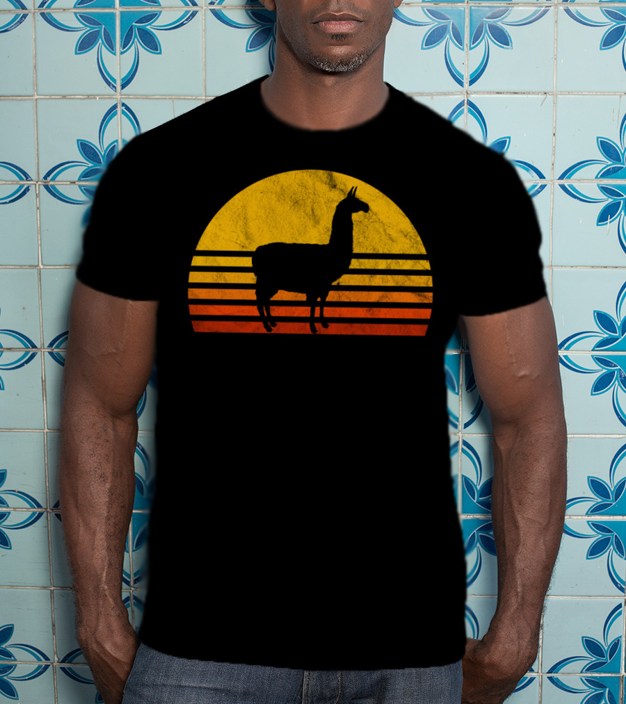 Retro Llama Silhouette Against Sunset Colors T-Shirt