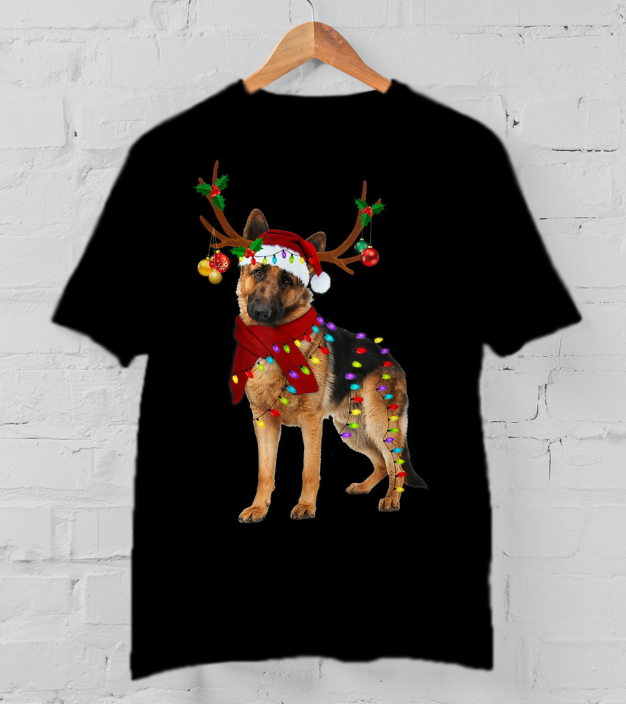 Santa German Shepherd Reindeer Antlers Christmas Lights T-Shirt
