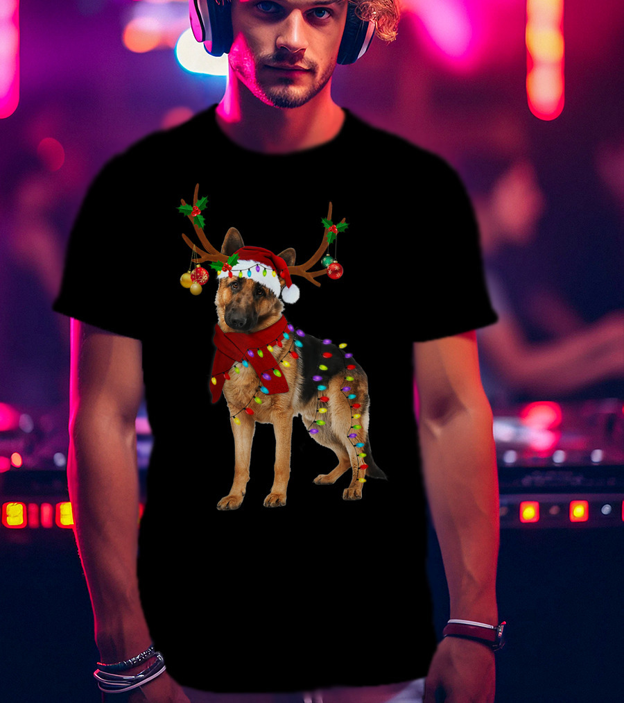 Santa German Shepherd Reindeer Antlers Christmas Lights T-Shirt