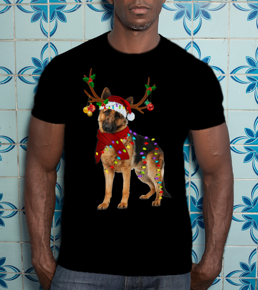 Santa German Shepherd Reindeer Antlers Christmas Lights T-Shirt