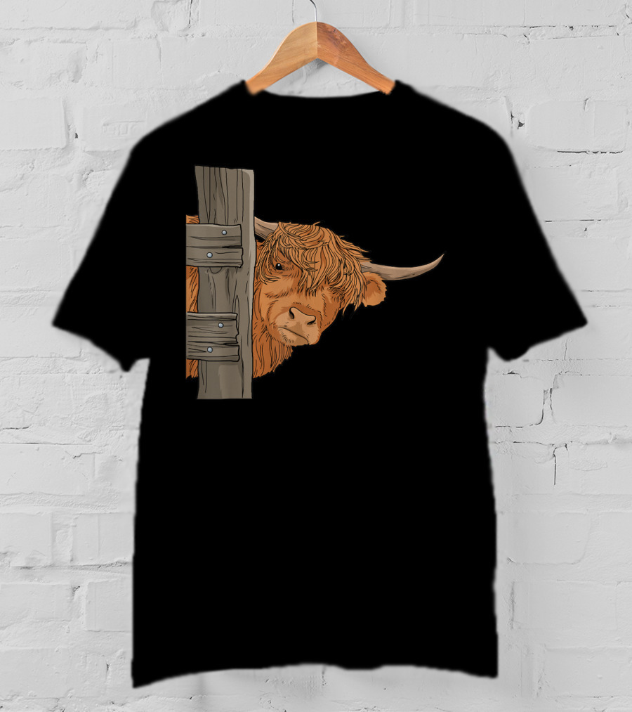 Scottish Highland Cow Spirit Animal Peeking Behind Wooden Fence T-Shirt