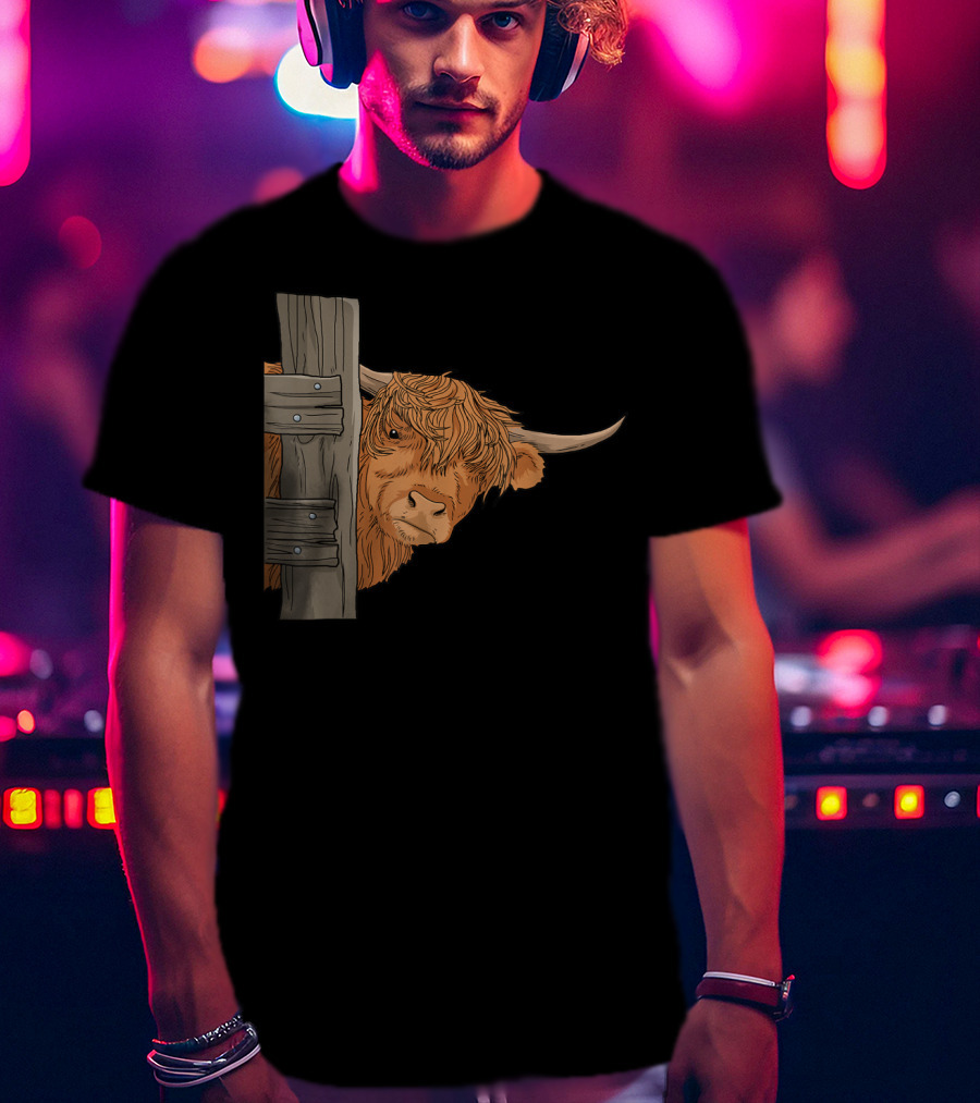 Scottish Highland Cow Spirit Animal Peeking Behind Wooden Fence T-Shirt