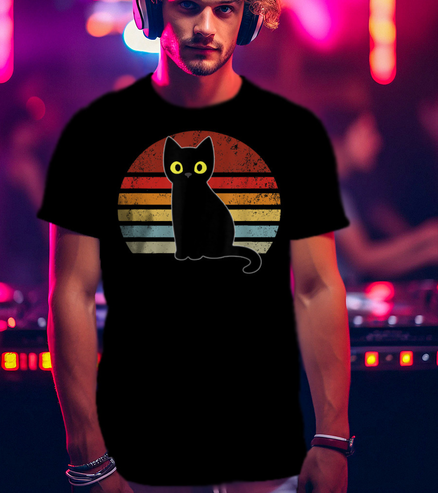 Vintage Retro Stripes Black Cat Kitty Kitten T-Shirt