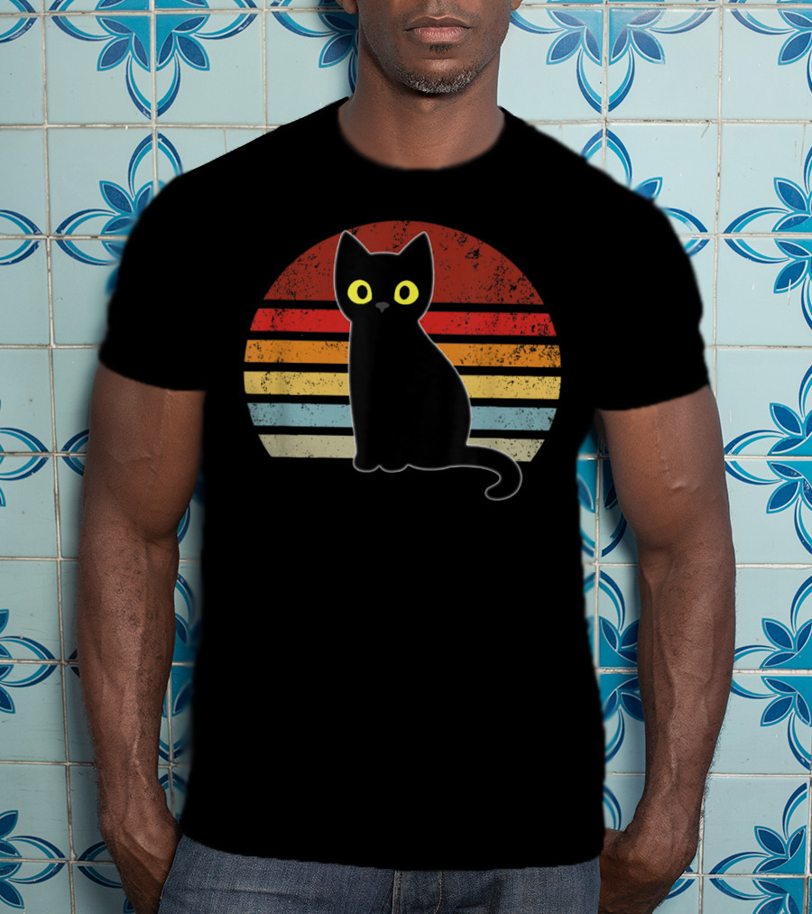 Vintage Retro Stripes Black Cat Kitty Kitten T-Shirt