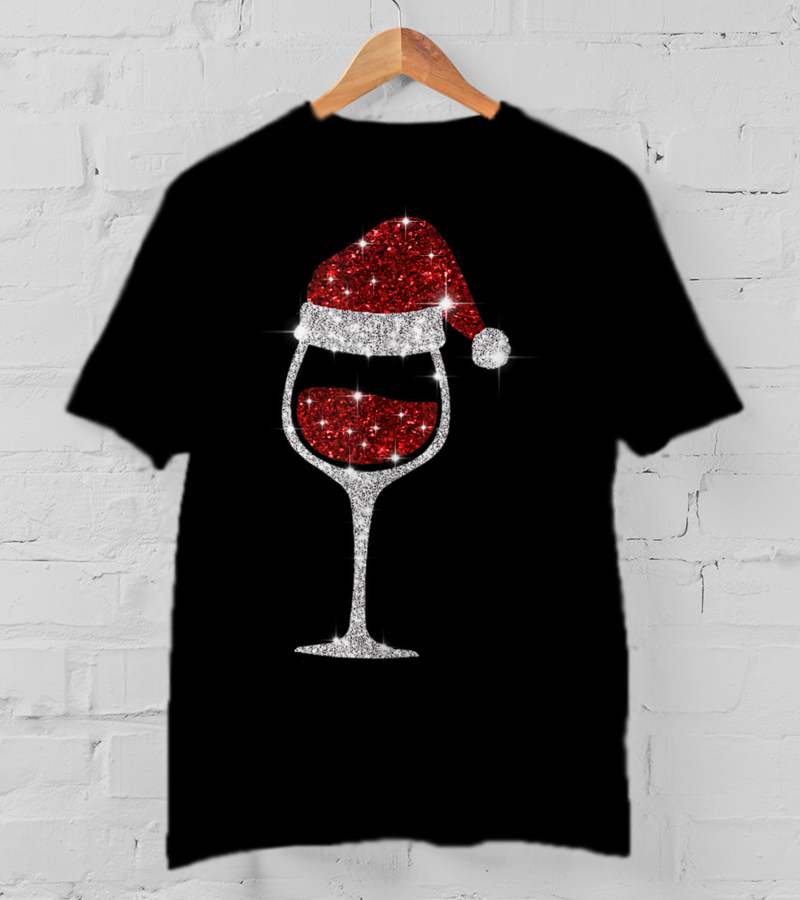 Sparkling Wine Glass With Santa Hat Christmas Celebration For Wine Lovers T-Shirt