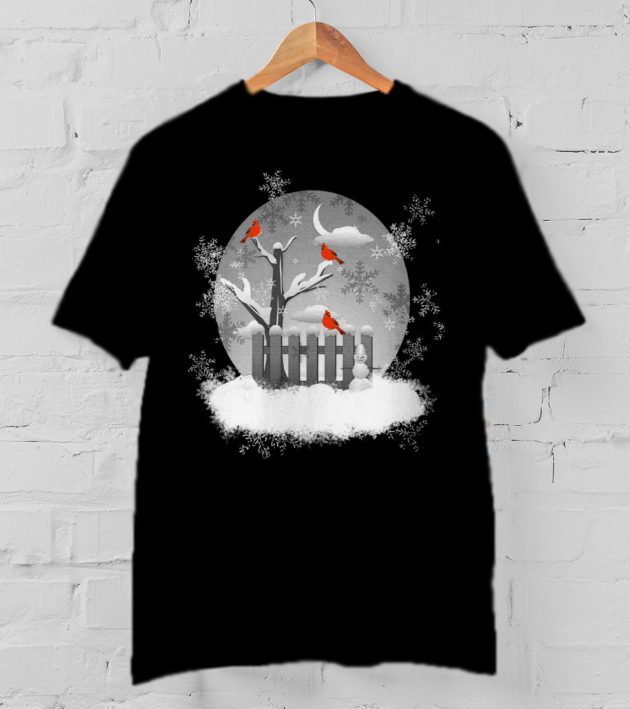 Red Cardinals On Snowy Winter Night With Snowflakes And Moon Scene T-Shirt