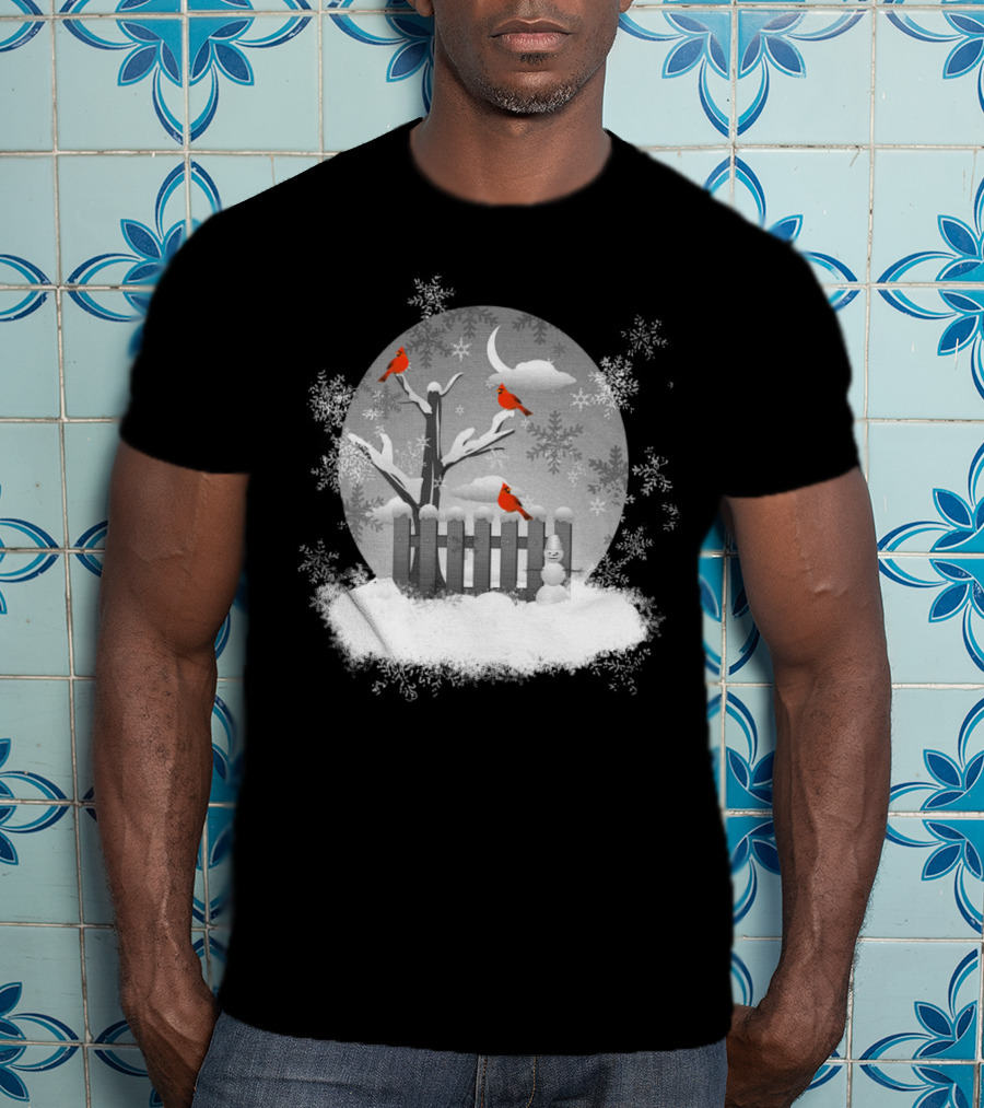 Red Cardinals On Snowy Winter Night With Snowflakes And Moon Scene T-Shirt