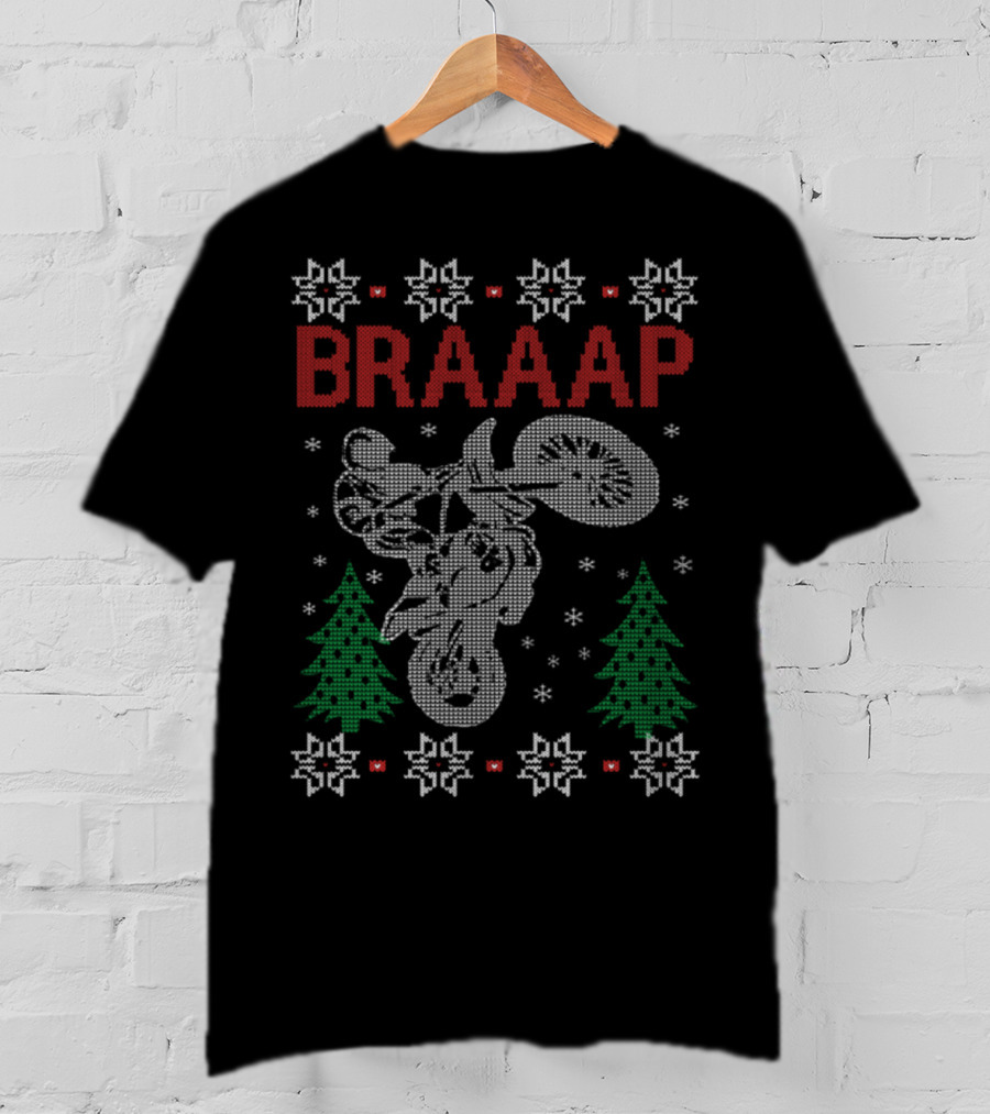 BRAAAP Motorcycle Biker Christmas Ugly Sweater Style Design Snowflakes Trees T-Shirt