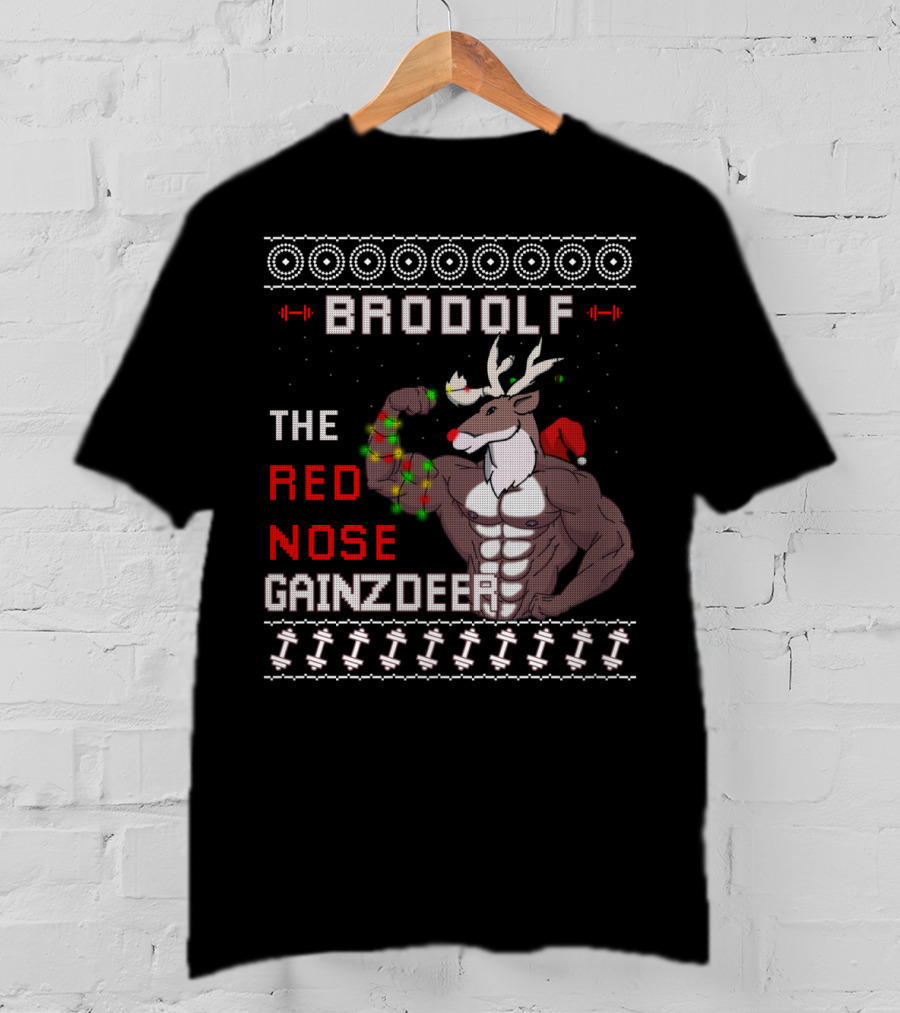 Brodolf The Red Nose Gainzdeer Lifting Weights Festive Sweater Style Fitness T-Shirt