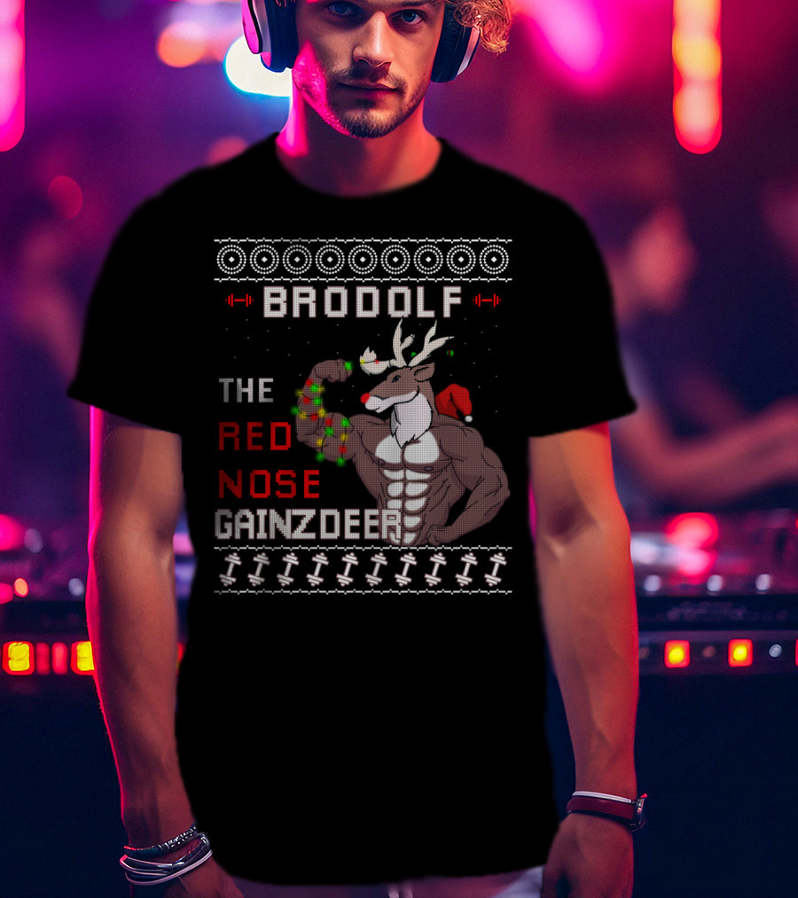 Brodolf The Red Nose Gainzdeer Lifting Weights Festive Sweater Style Fitness T-Shirt