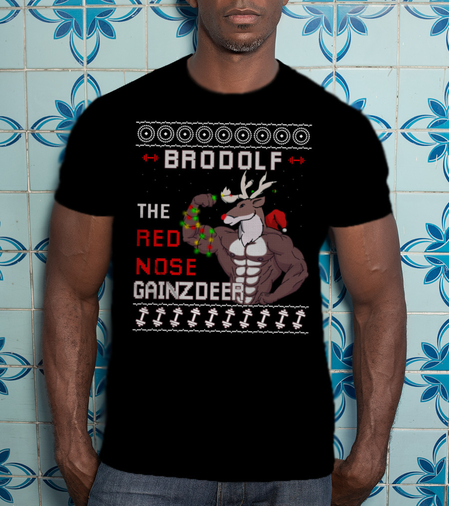 Brodolf The Red Nose Gainzdeer Lifting Weights Festive Sweater Style Fitness T-Shirt