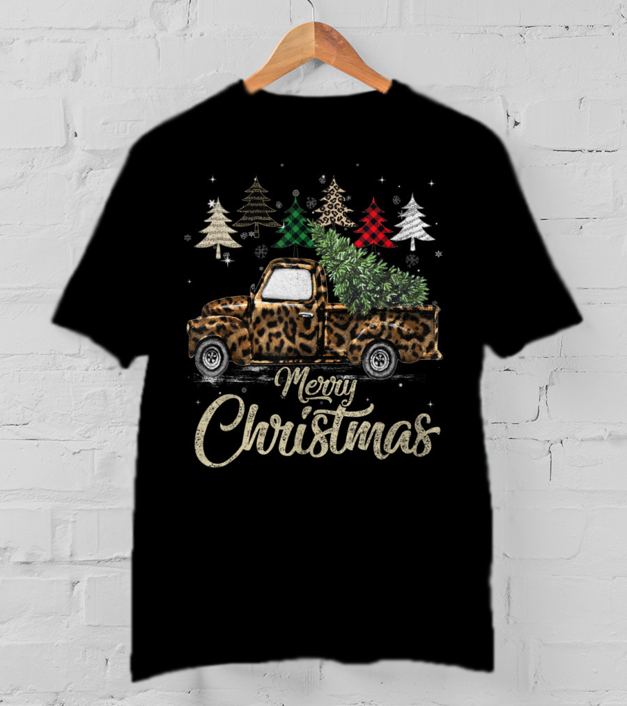 Merry Christmas Buffalo Plaid Leopard Truck With Trees T-Shirt