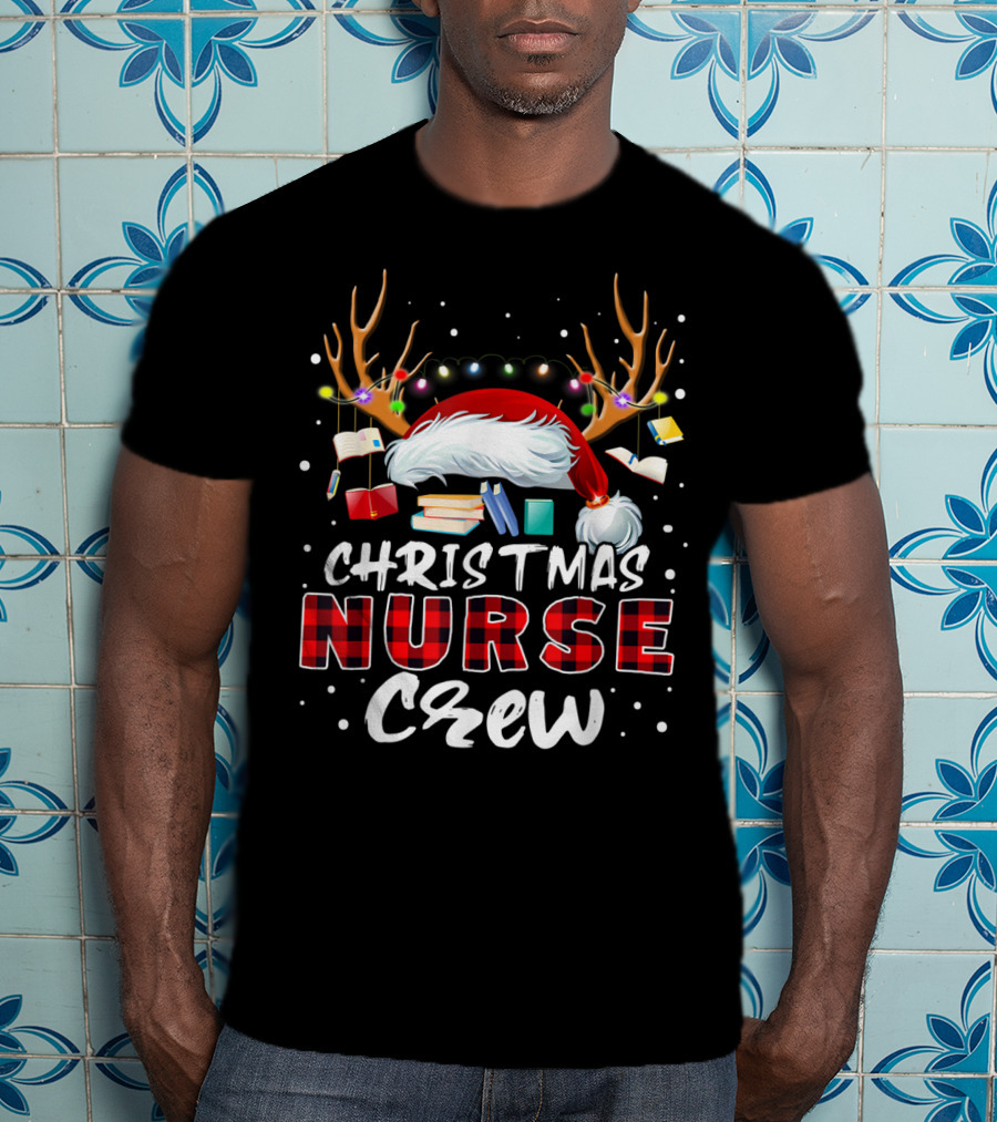 Christmas Nurse Crew RN LPN Santa Hat Reindeer Holiday Lights T-Shirt