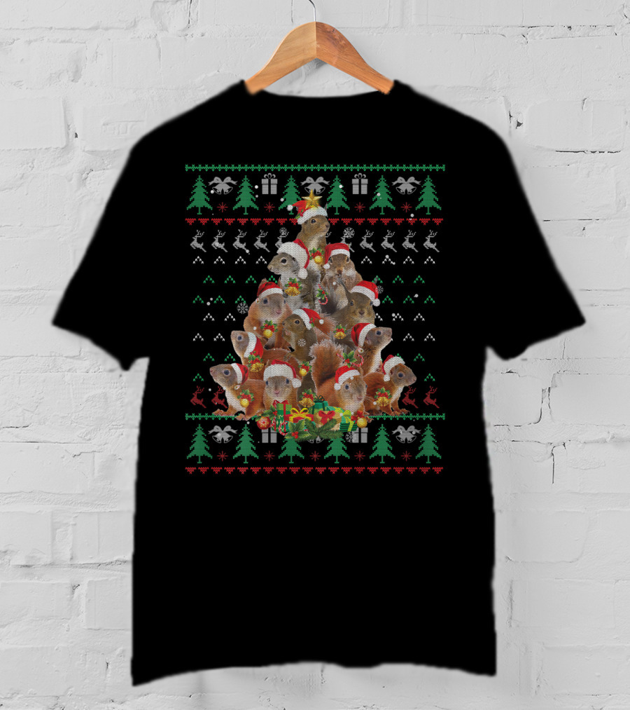 Christmas Tree Squirrel Santa Hats And Presents T-Shirt