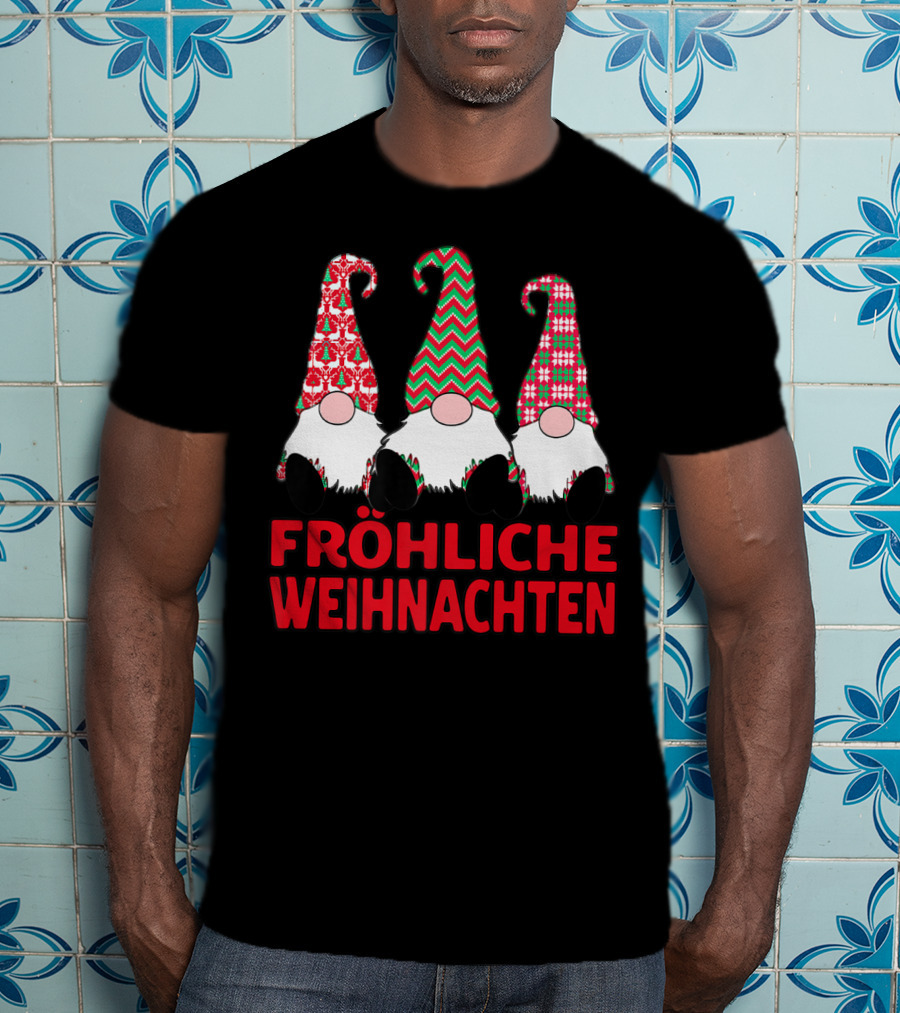 Fröhliche Weihnachten German Nordic Gnomes Pattern Trio T-Shirt
