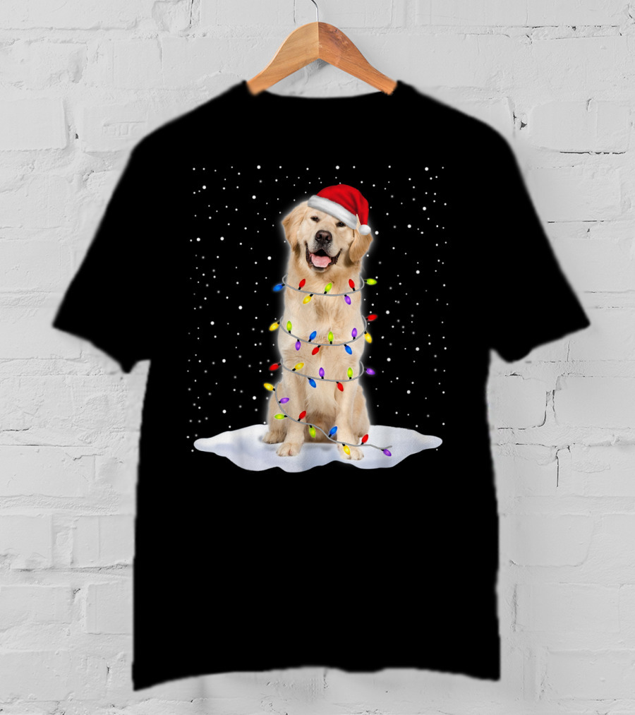 Golden Retriever With Santa Hat Wrapped In Colorful Christmas Tree Lights And Snowflakes T-Shirt