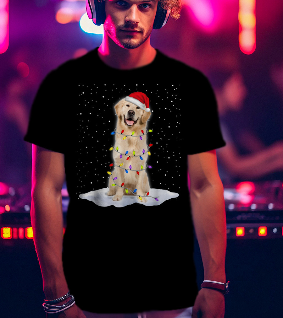 Golden Retriever With Santa Hat Wrapped In Colorful Christmas Tree Lights And Snowflakes T-Shirt