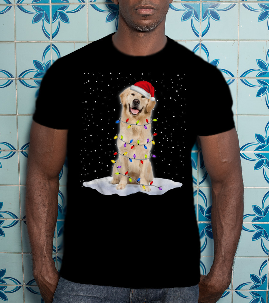 Golden Retriever With Santa Hat Wrapped In Colorful Christmas Tree Lights And Snowflakes T-Shirt