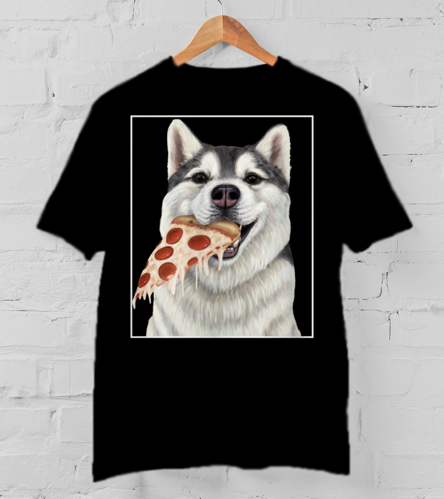 Husky Eating A Pepperoni Pizza Slice Dog Image T-Shirt