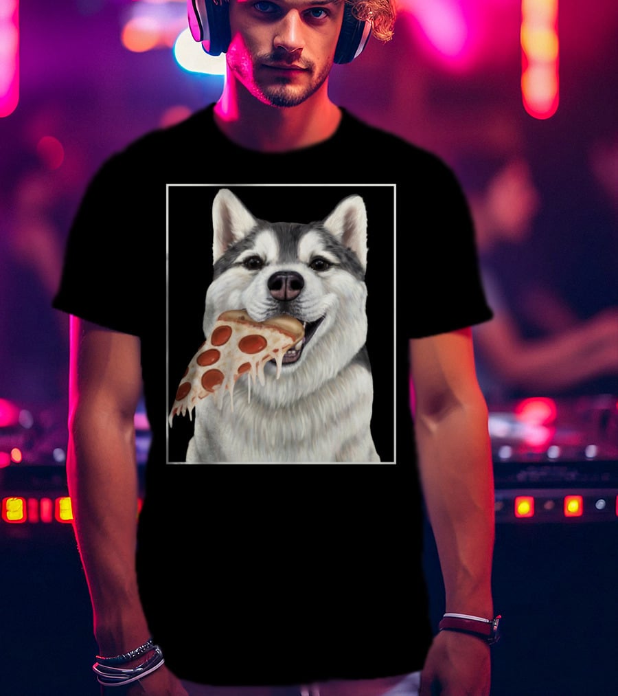 Husky Eating A Pepperoni Pizza Slice Dog Image T-Shirt