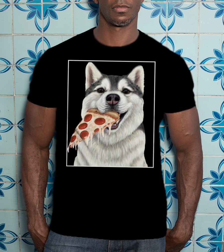 Husky Eating A Pepperoni Pizza Slice Dog Image T-Shirt