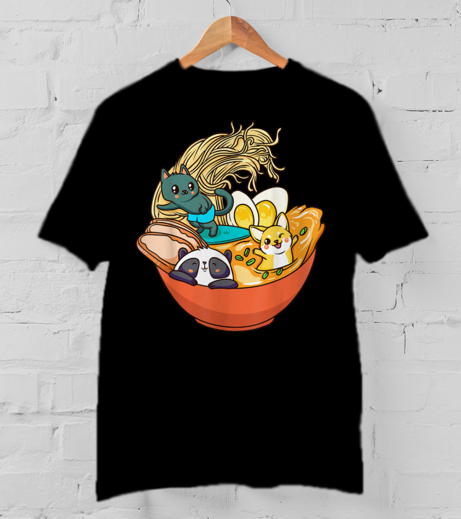 Kawaii Cat Panda Dog Anime Noodle Bowl With Egg And Ramen T-Shirt
