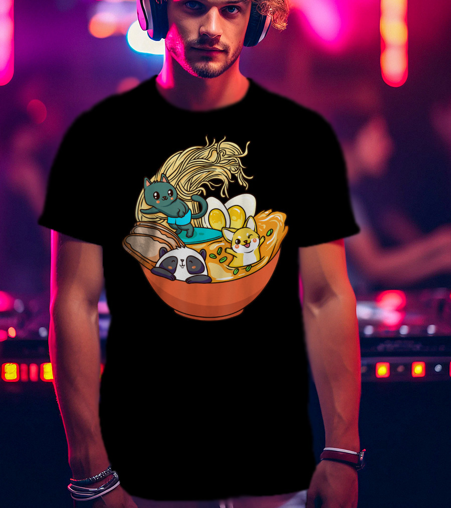 Kawaii Cat Panda Dog Anime Noodle Bowl With Egg And Ramen T-Shirt