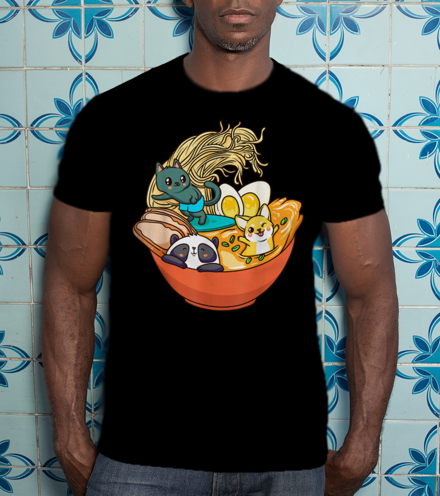 Kawaii Cat Panda Dog Anime Noodle Bowl With Egg And Ramen T-Shirt