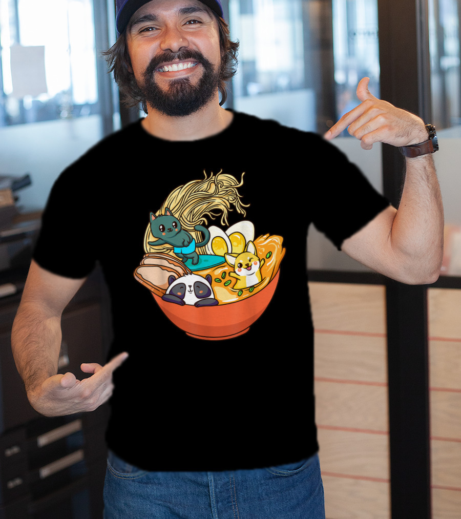Kawaii Cat Panda Dog Anime Noodle Bowl With Egg And Ramen T-Shirt