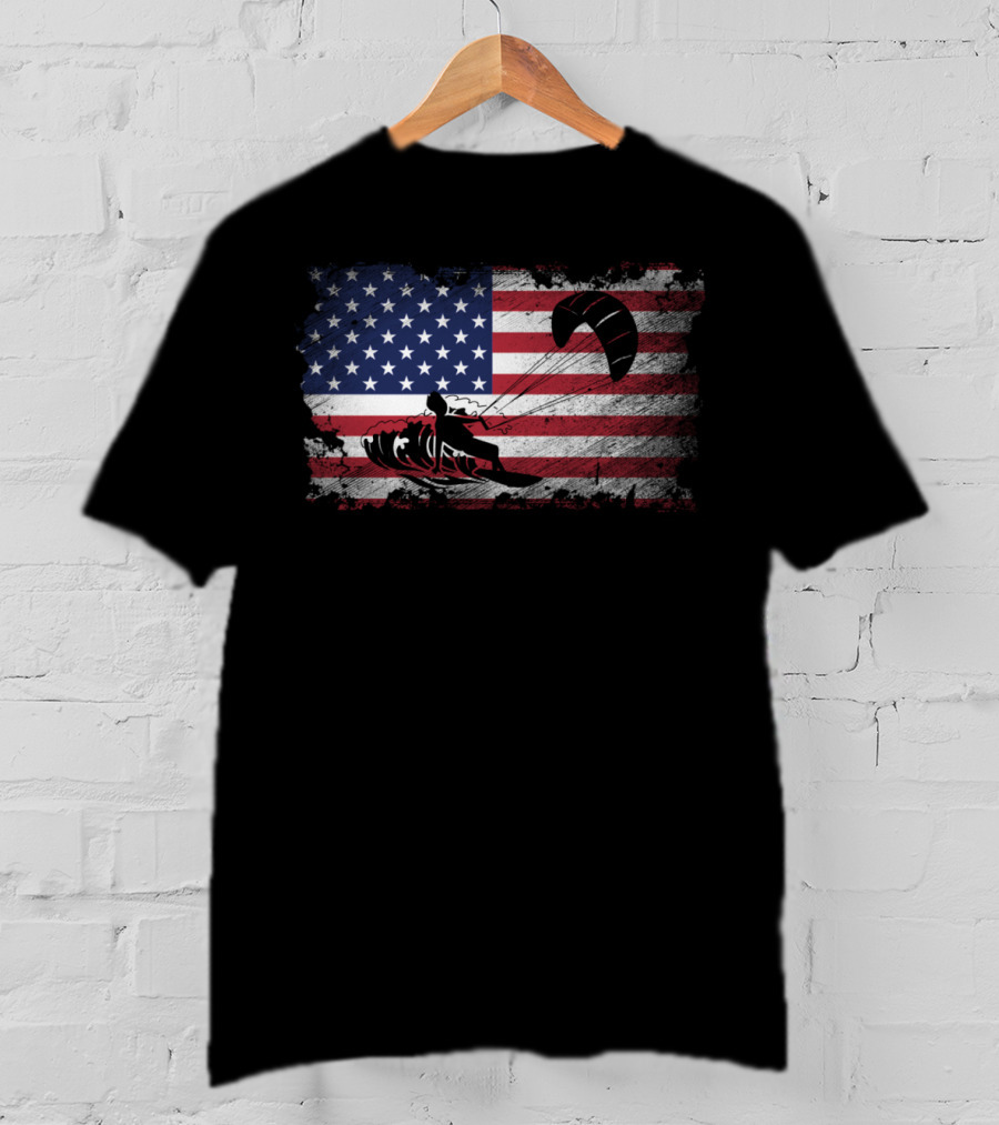 Kiteboarding With American Flag Proud USA Patriot T-Shirt
