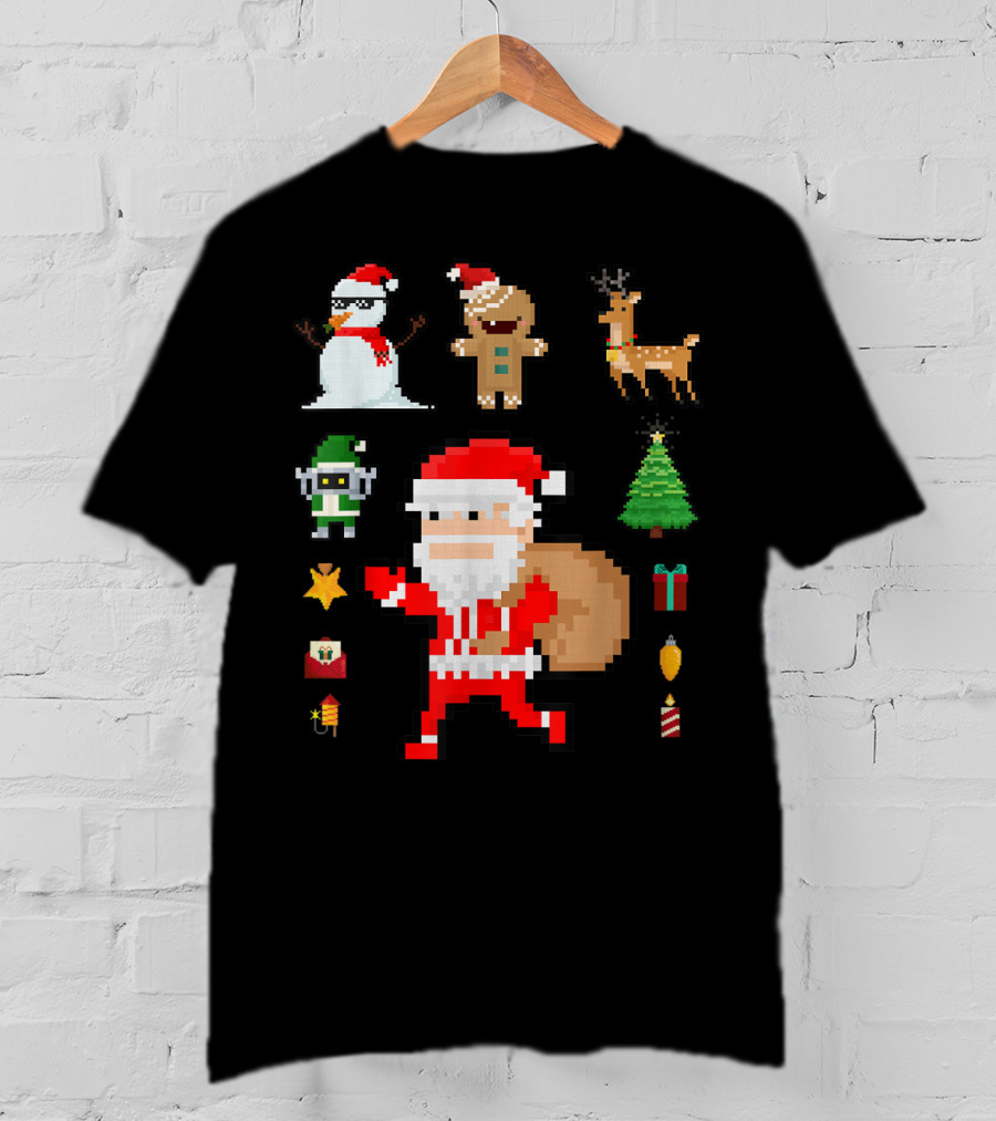 Pixel 8Bit Santa Claus Snowman Gingerbread Reindeer Christmas Tree Gifts Gaming T-Shirt