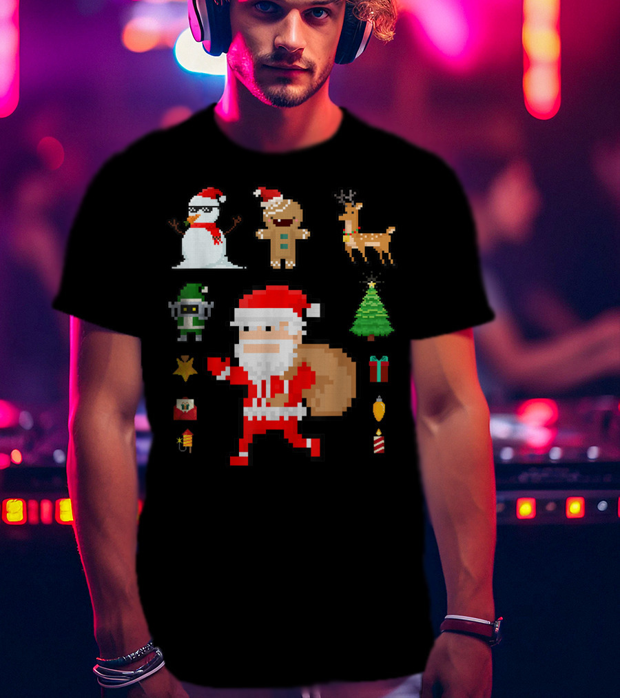 Pixel 8Bit Santa Claus Snowman Gingerbread Reindeer Christmas Tree Gifts Gaming T-Shirt