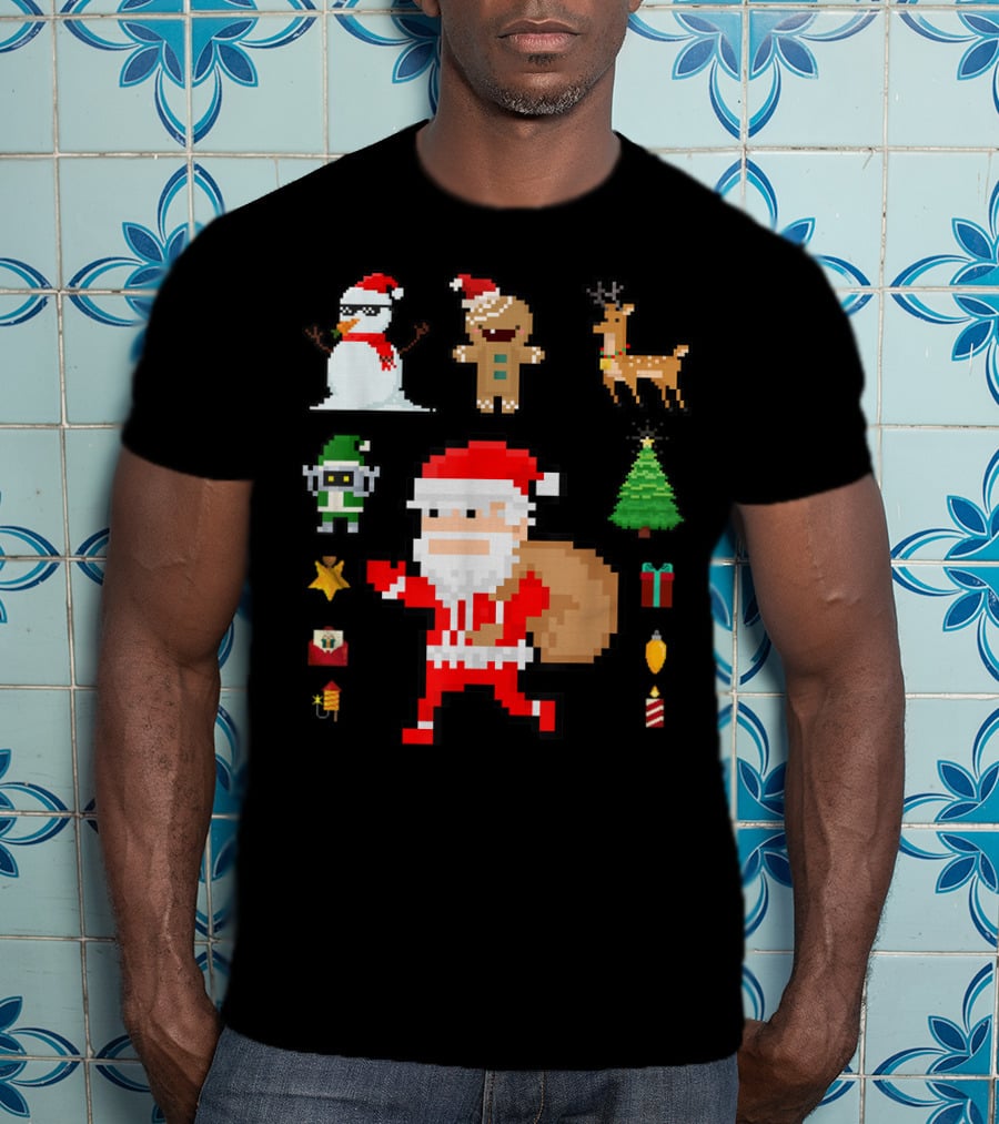 Pixel 8Bit Santa Claus Snowman Gingerbread Reindeer Christmas Tree Gifts Gaming T-Shirt