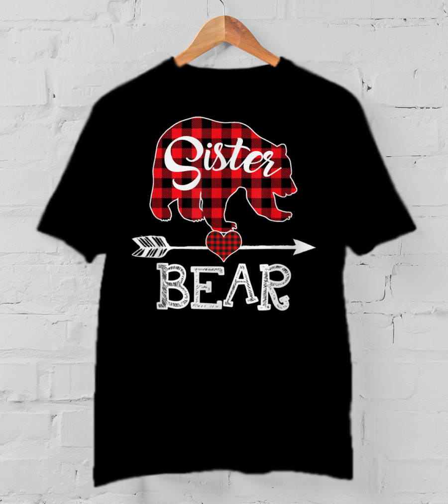 Sister Bear Christmas Red Plaid Buffalo Arrow Heart T-Shirt