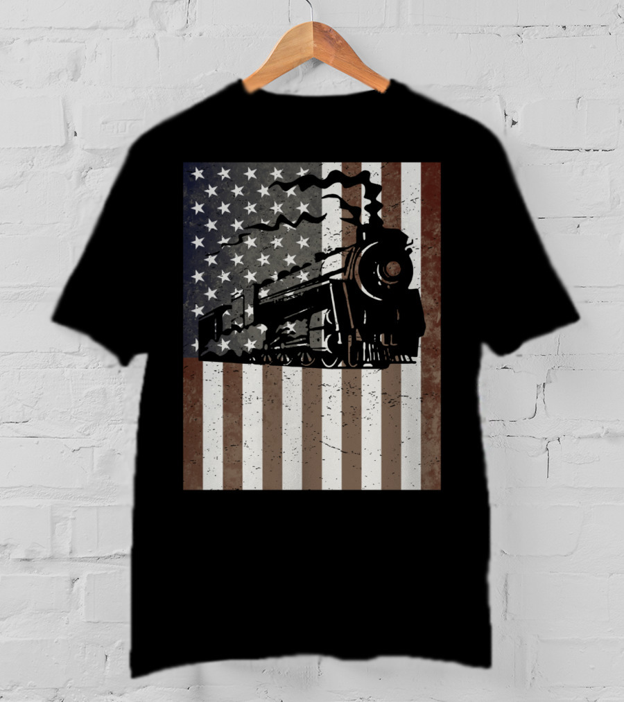 American Flag Steam Train Vintage Model Builder T-Shirt