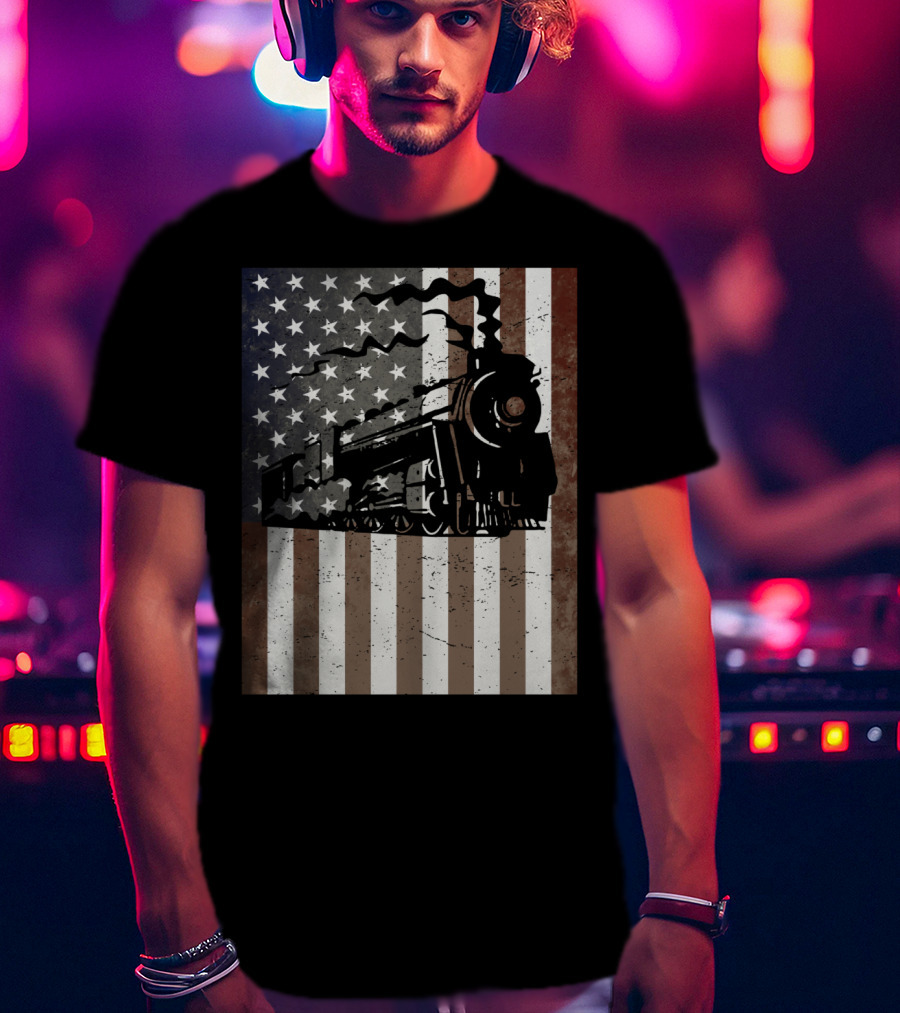 American Flag Steam Train Vintage Model Builder T-Shirt
