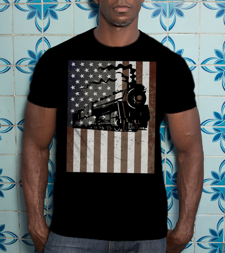 American Flag Steam Train Vintage Model Builder T-Shirt