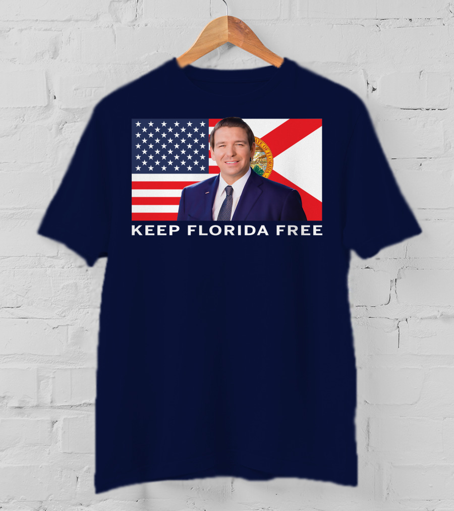 Keep Florida Free American Flag Portrait Navy Fine Jersey T-Shirt