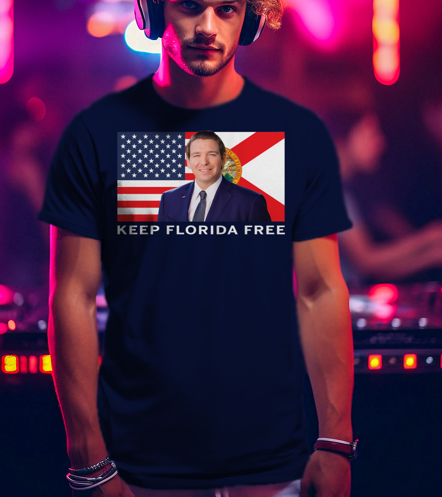 Keep Florida Free American Flag Portrait Navy Fine Jersey T-Shirt